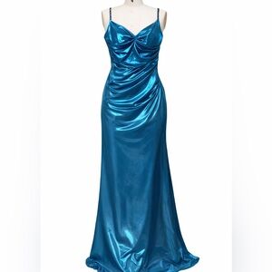 Elegant Teal Satin Ruched Evening Gown – Size 4